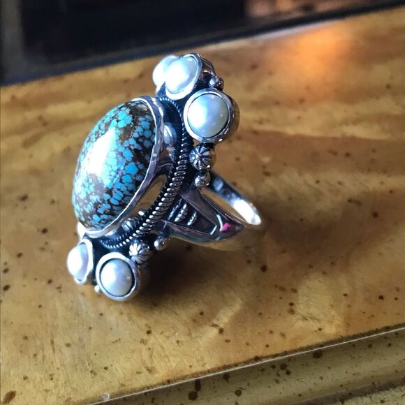 Royston Blue Horizon Turquoise White Pearl Cocktail Ring Size 6 - Picture 9 of 10